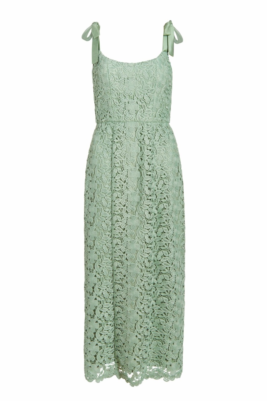 Clothing Markarian NYC | Poppy Green Crochet Tie Strap Corset Midi Dress