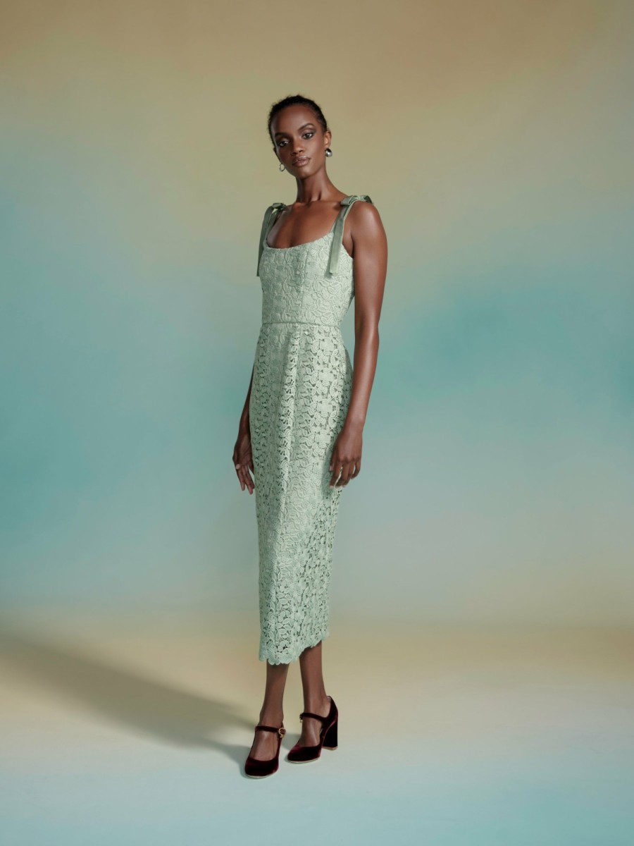 Clothing Markarian NYC | Poppy Green Crochet Tie Strap Corset Midi Dress