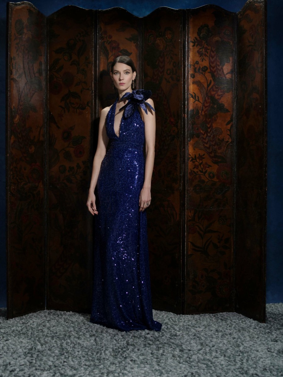 Clothing Markarian NYC | Eartha Cobalt Sequin Halter Gown