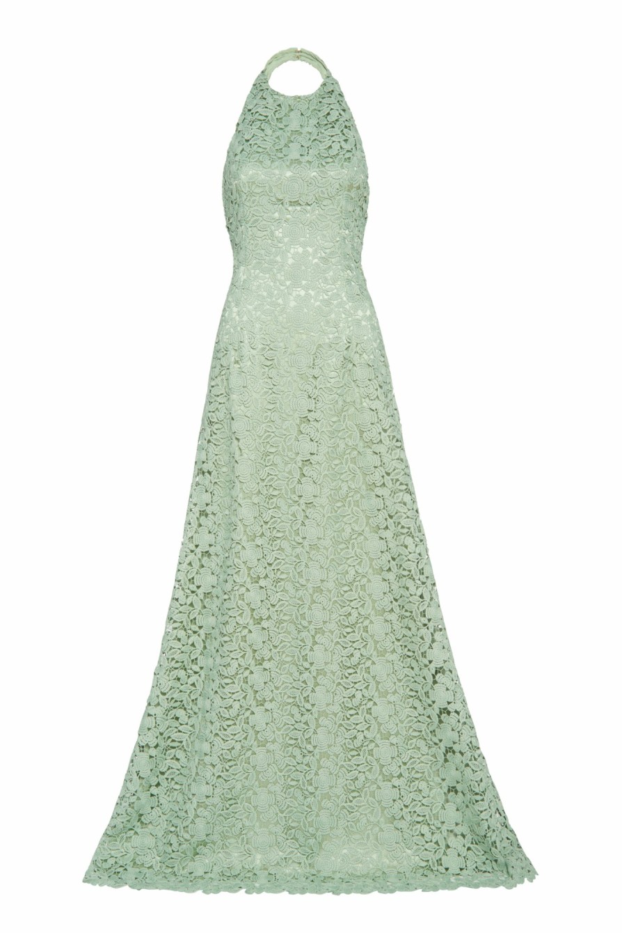 Clothing Markarian NYC | Sahara Green Crochet Lace Halter Neck Gown