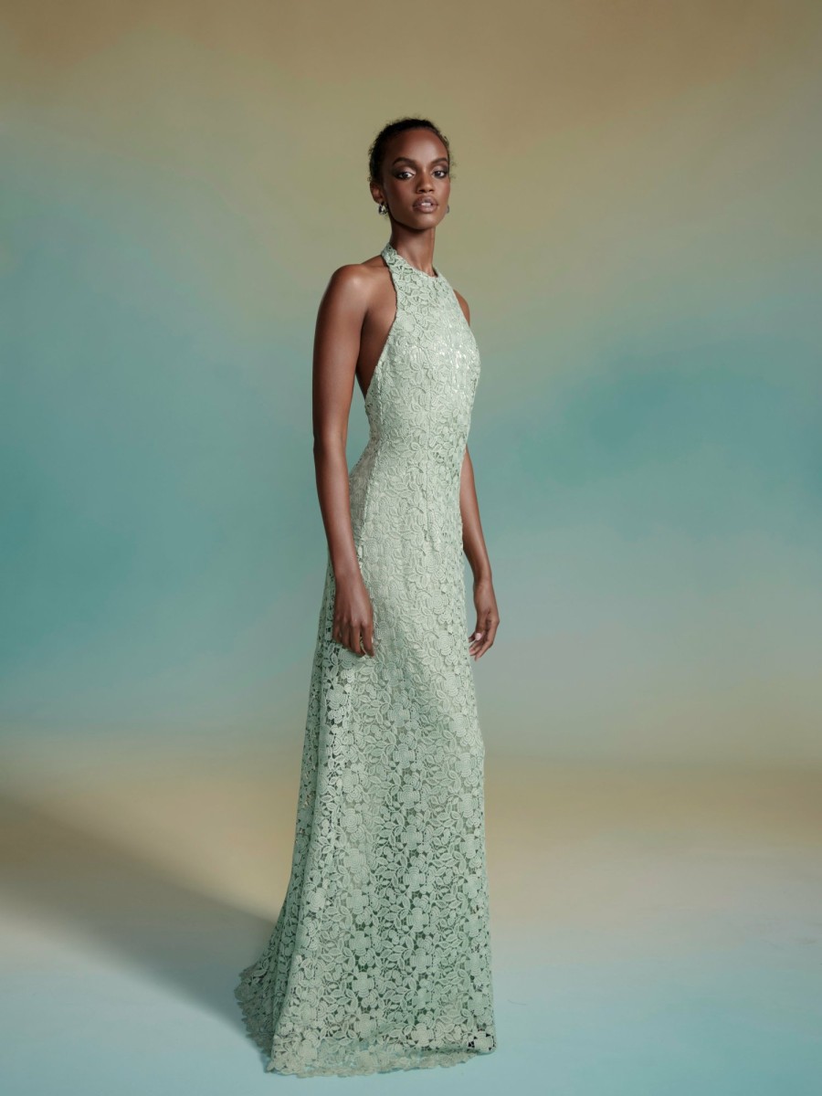 Clothing Markarian NYC | Sahara Green Crochet Lace Halter Neck Gown