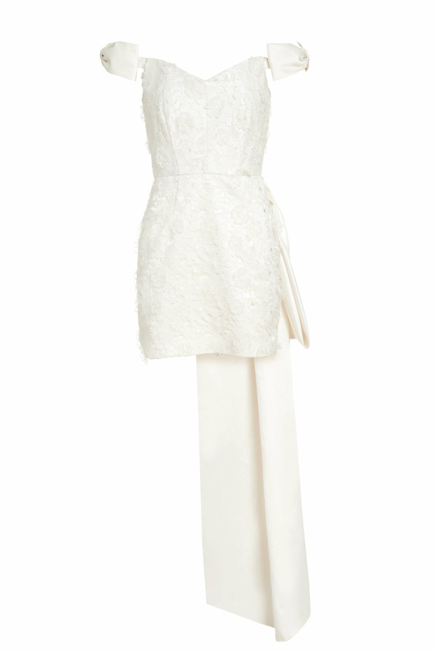 Bridal Markarian NYC | Bowen Bow Shoulder White Floral Applique Mini Dress