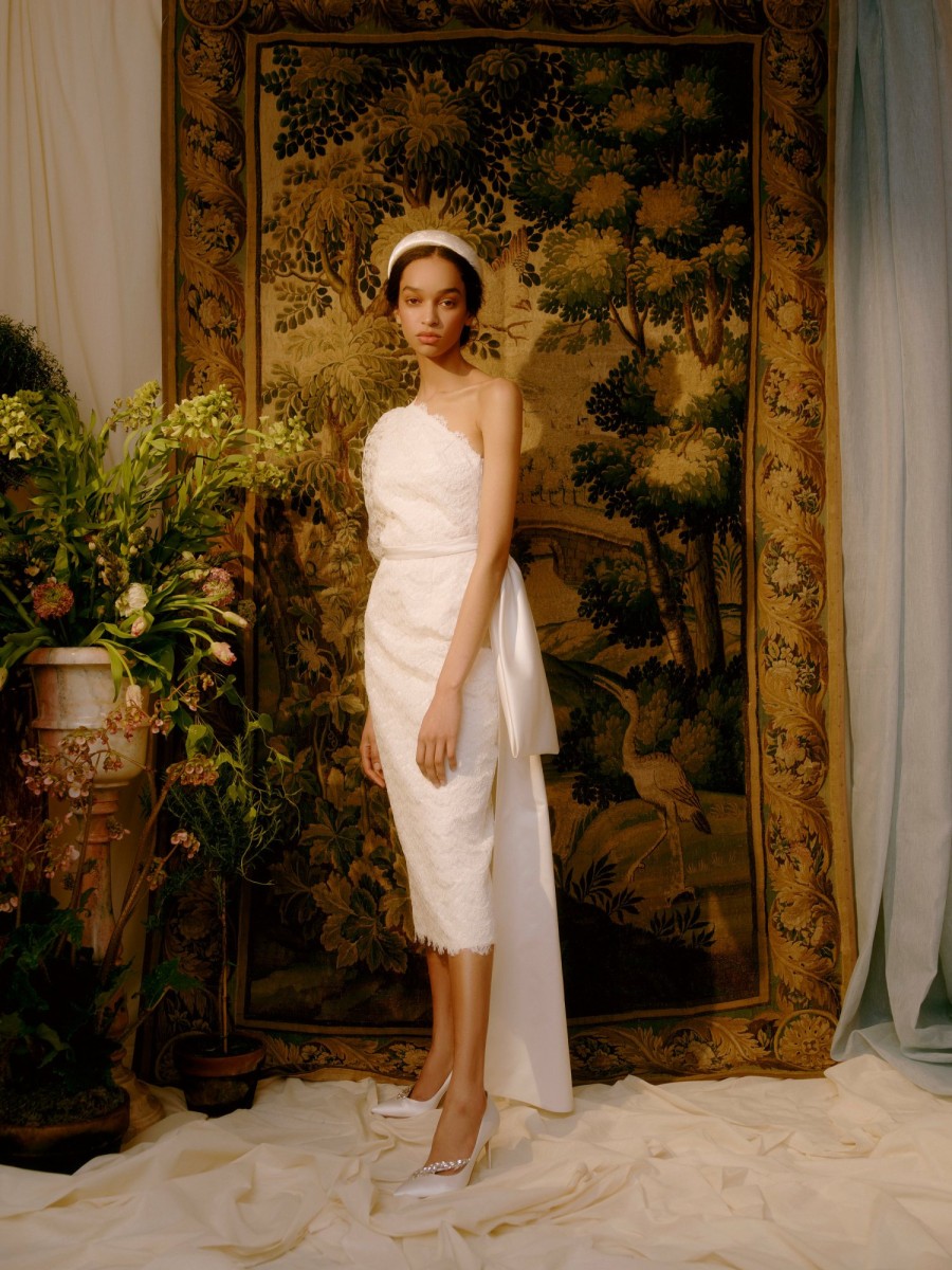 Bridal Markarian NYC | Laurel Scalloped Lace One Shoulder Dress With Duchess Satin Train