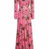 Accessories Markarian NYC | Calypso Pink Floral Silk Long Sleeve Tiered Gown With Belt