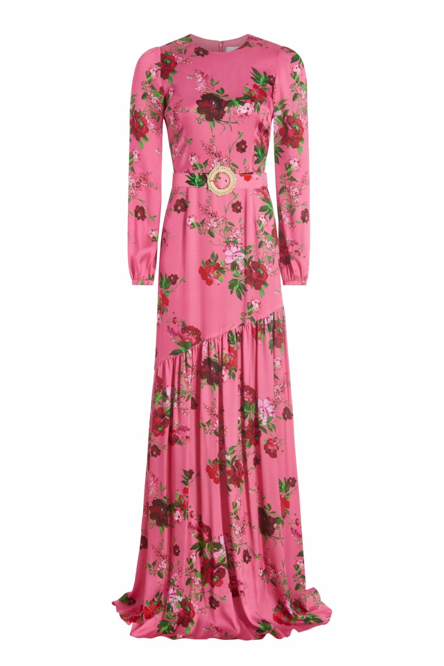 Accessories Markarian NYC | Calypso Pink Floral Silk Long Sleeve Tiered Gown With Belt