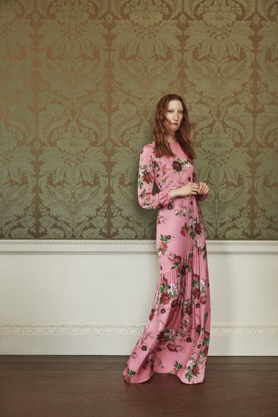 Accessories Markarian NYC | Calypso Pink Floral Silk Long Sleeve Tiered Gown With Belt