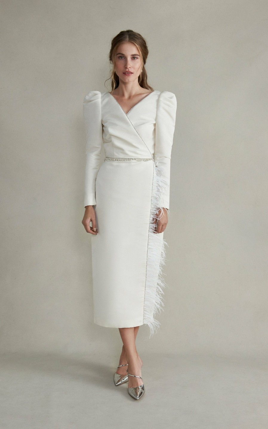 Bridal Markarian NYC | Artemis White Silk Dress With Feather Detailing