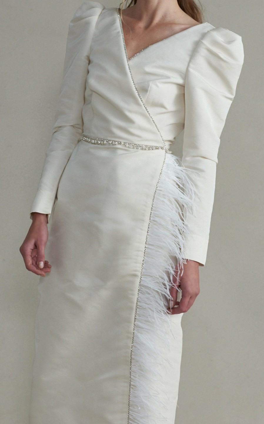 Bridal Markarian NYC | Artemis White Silk Dress With Feather Detailing