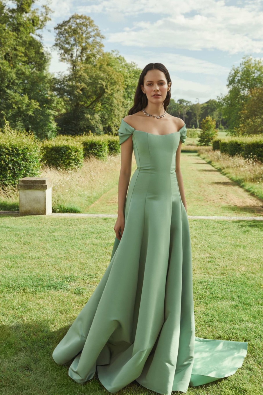 Clothing Markarian NYC | Vittoria Leaf Green Faille Drop Waist Gown