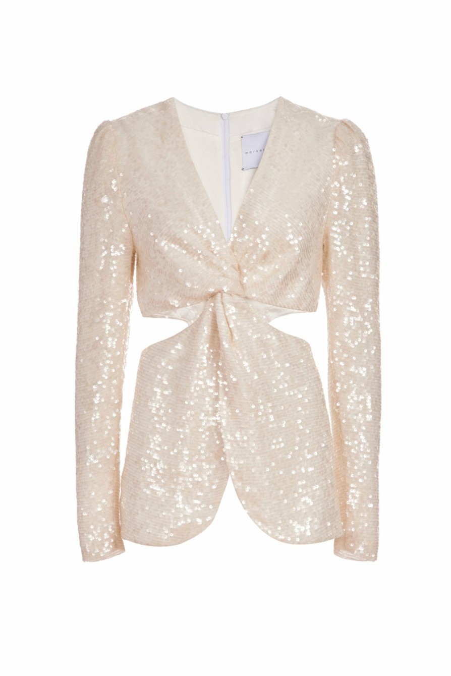 Clothing Markarian NYC | Rose White Sequin Side Cutout Top With Twist Front Detail