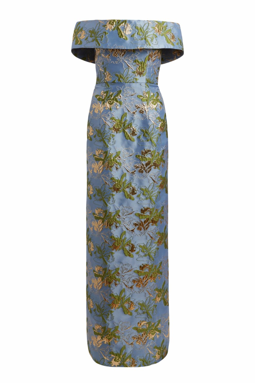 Clothing Markarian NYC | Clover Blue Metallic Brocade Off-The-Shoulder Column Gown