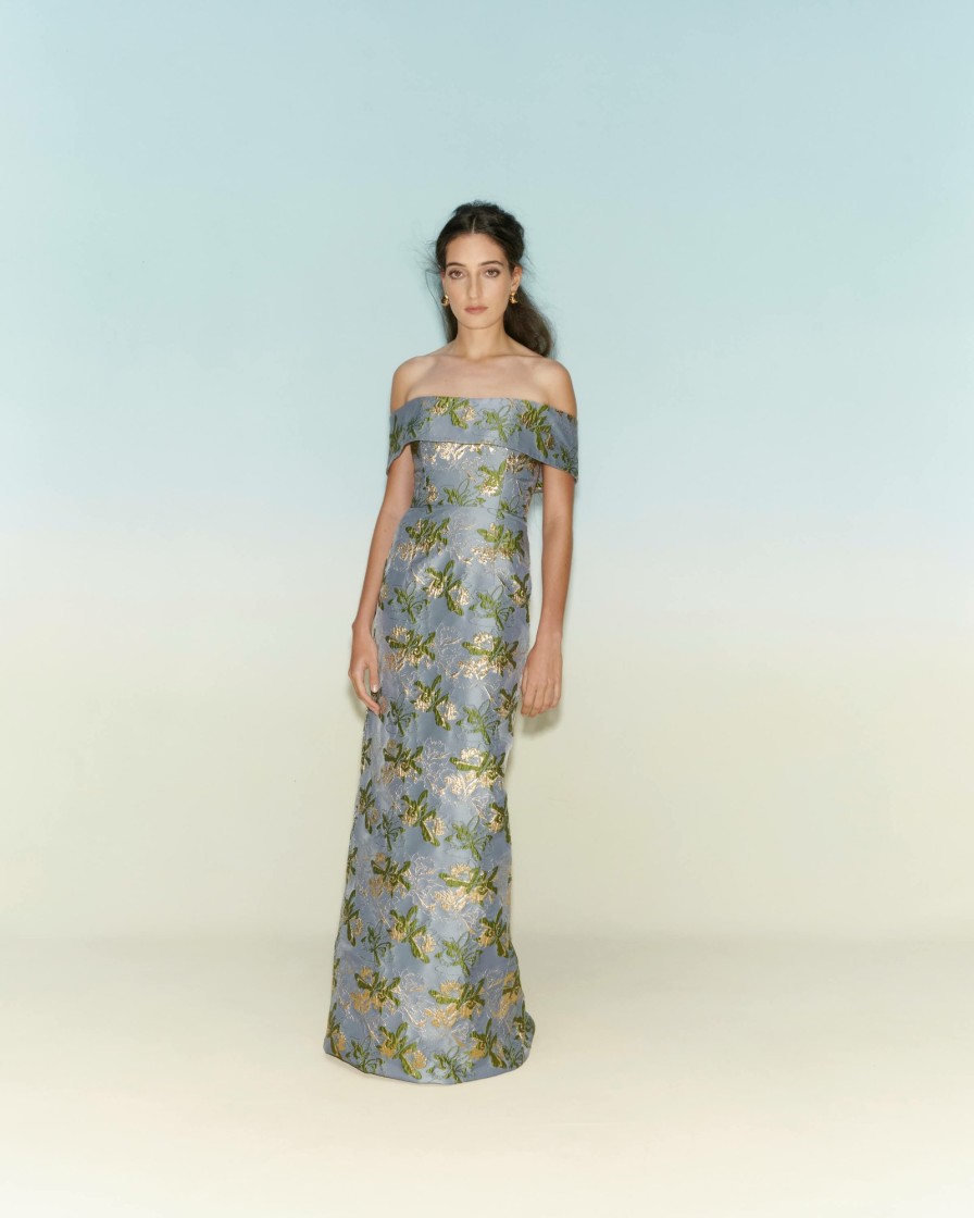 Clothing Markarian NYC | Clover Blue Metallic Brocade Off-The-Shoulder Column Gown