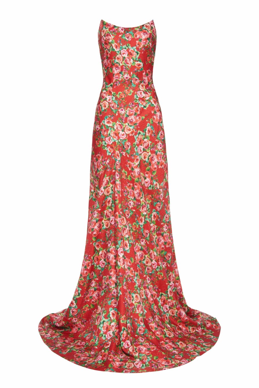 Clothing Markarian NYC | Tallulah Red Rose Floral Strapless Gown With Asymmetric Draped Skirt