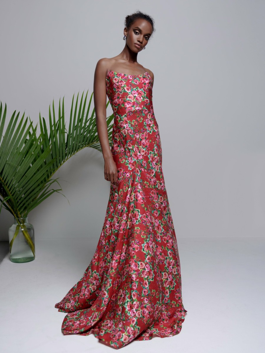 Clothing Markarian NYC | Tallulah Red Rose Floral Strapless Gown With Asymmetric Draped Skirt