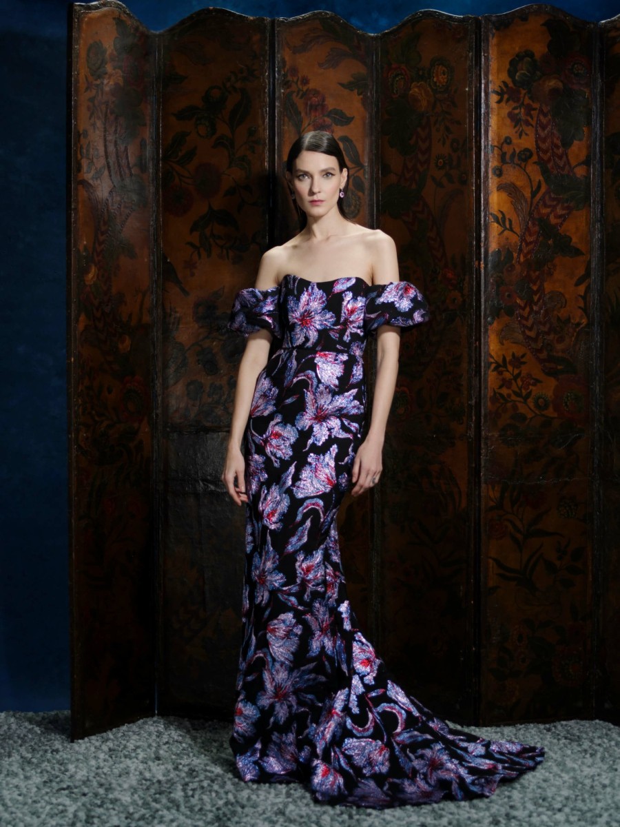 Clothing Markarian NYC | Astaire Hibiscus Metallic Brocade Strapless Sweetheart Neckline Gown With Off The Shoulder Puff Sleeves