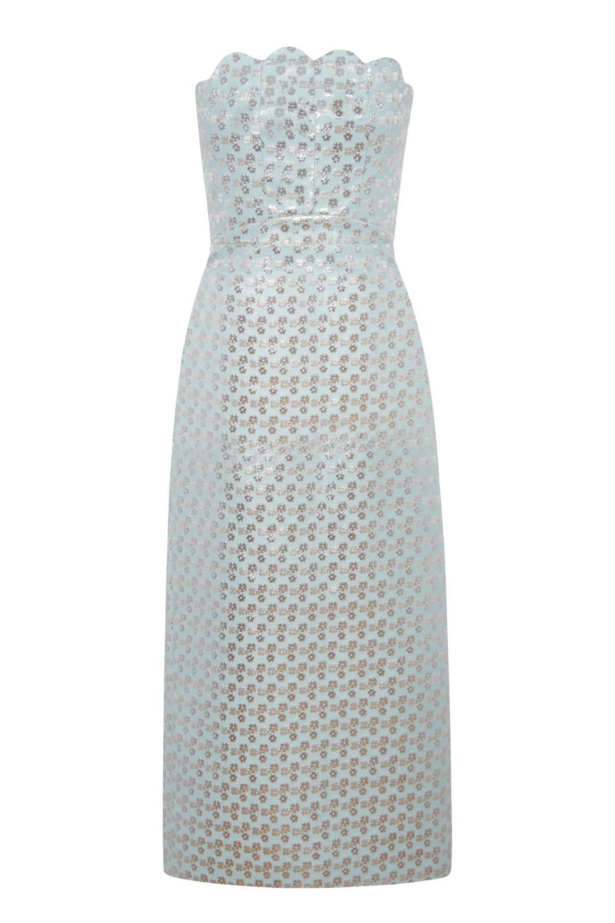 Clothing Markarian NYC | Marcella Ice Blue Daisy Brocade Strapless Shell Bodice Midi Dress