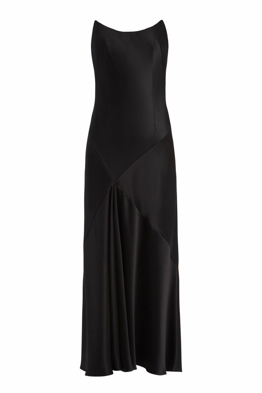 Clothing Markarian NYC | Loretta Black Satin Strapless Draped Front Midi Dress