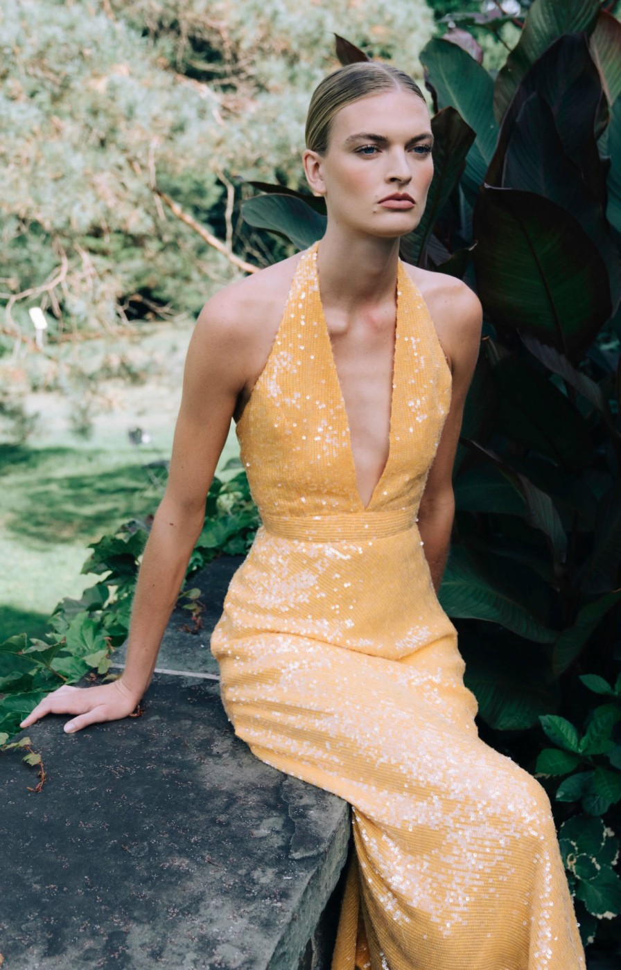 Clothing Markarian NYC | Valerie Saffron Sequin Halter Dress