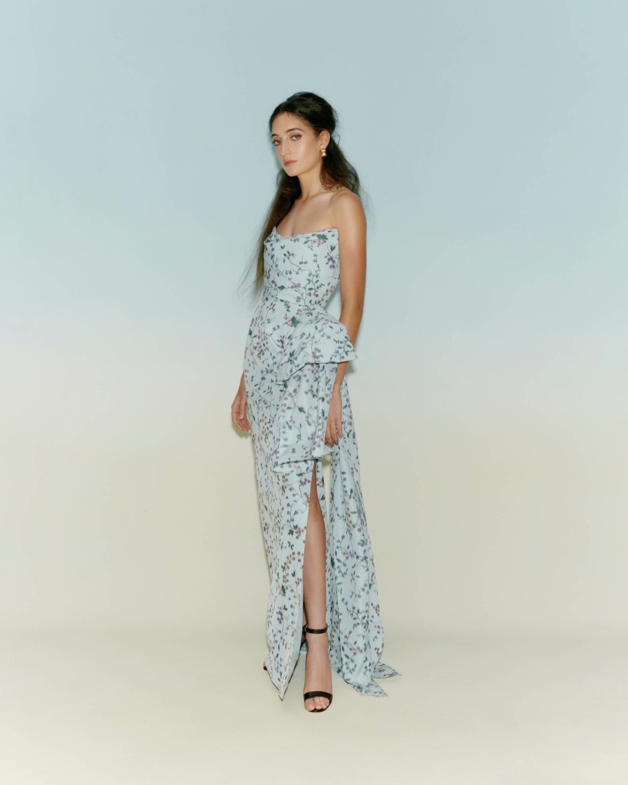 Clothing Markarian NYC | Athena Blue Vine Ikat Strapless Draped Bodice Gown