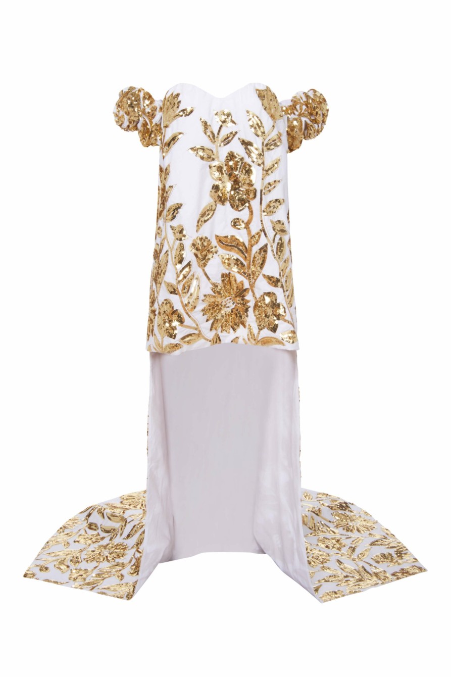 Clothing Markarian NYC | Esmee Gold Floral Sequin Off-The-Shoulder Puff Sleeve Mini Dress With Shoulder Trains