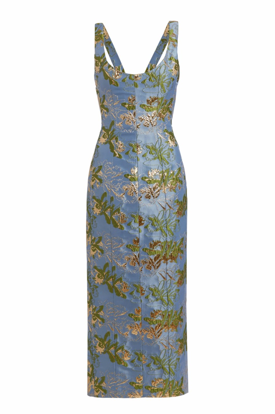 Clothing Markarian NYC | Sommer Blue Metallic Brocade Paneled Corset Midi Dress