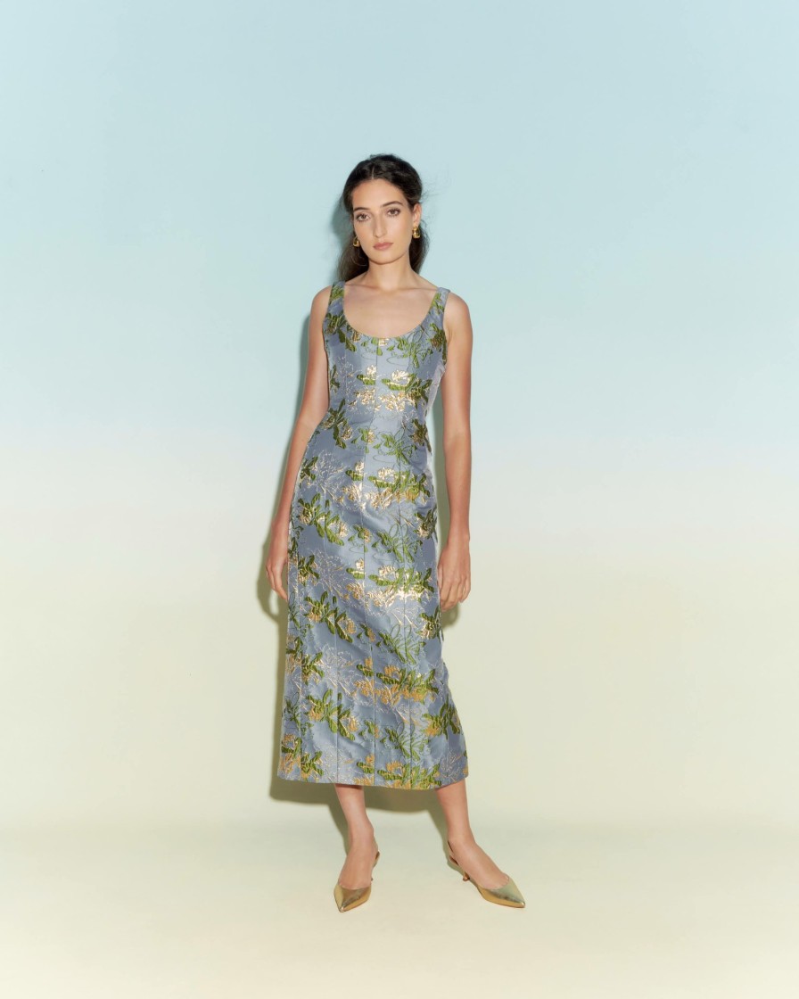 Clothing Markarian NYC | Sommer Blue Metallic Brocade Paneled Corset Midi Dress