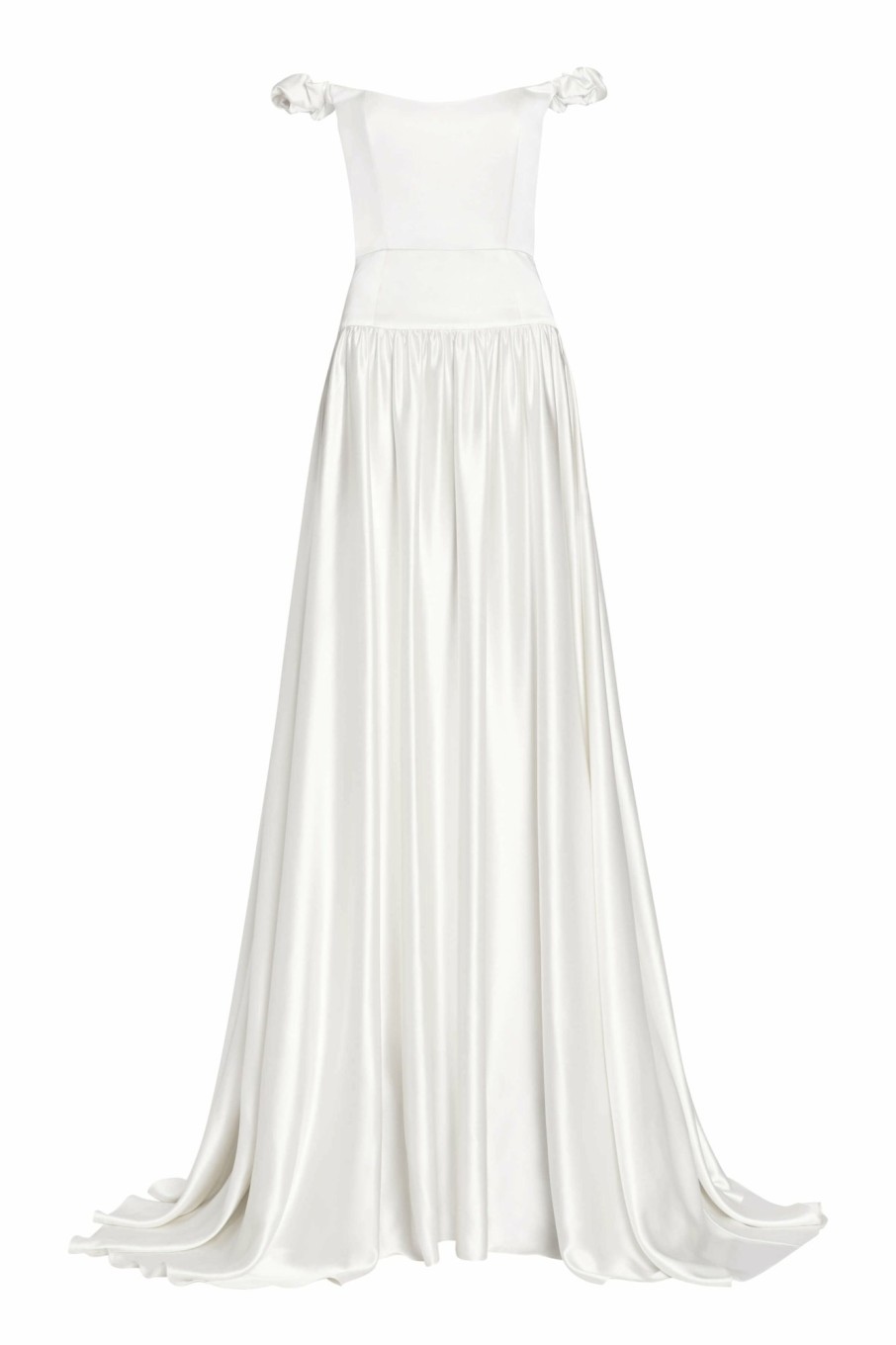 Bridal Markarian NYC | Wren White Satin Off The Shoulder Gown