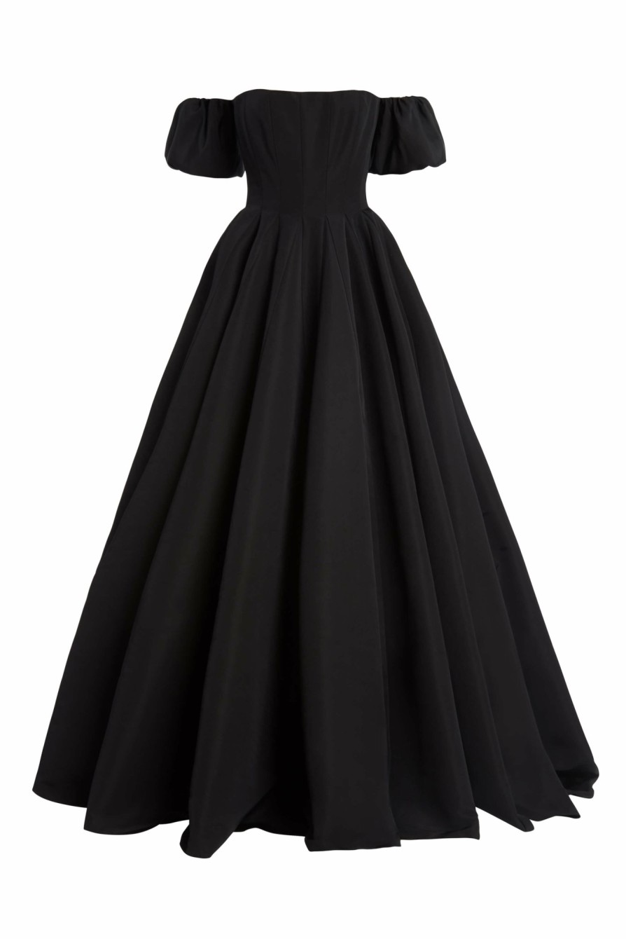 Clothing Markarian NYC | Thalia Black Silk Faille Gown With Off-The-Shoulder Puff Sleeves