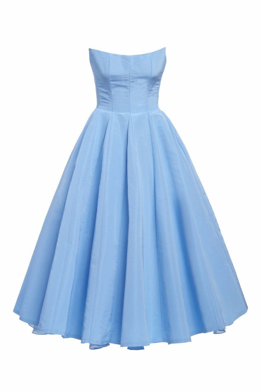 Clothing Markarian NYC | Fiorela Light Blue Silk Faille Strapless Midi Dress