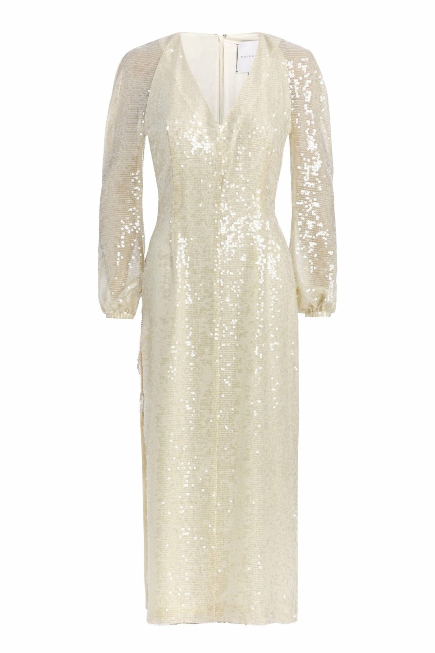 Clothing Markarian NYC | Phyllis Champagne Sequin V Neck Blouson Sleeve Midi Dress