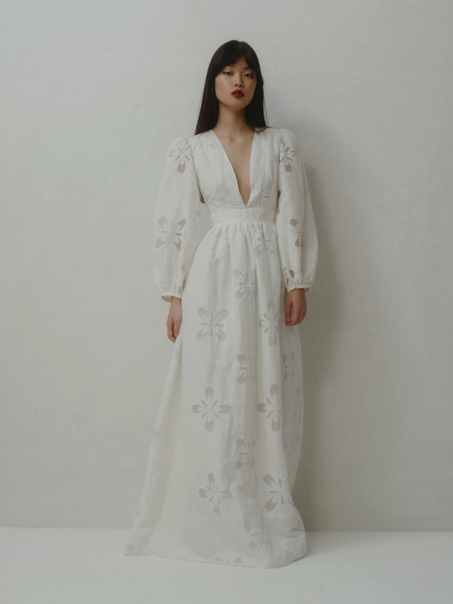 Bridal Markarian NYC | Dana Plunging Neckline Gown In White Floral Linen