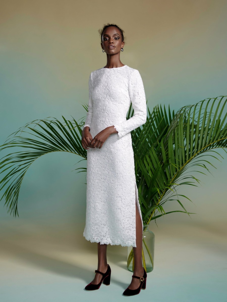 Bridal Markarian NYC | Arizona White Crochet Lace Long Sleeve Midi Dress